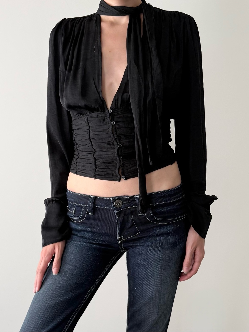 Free people black satin low neck blouse
